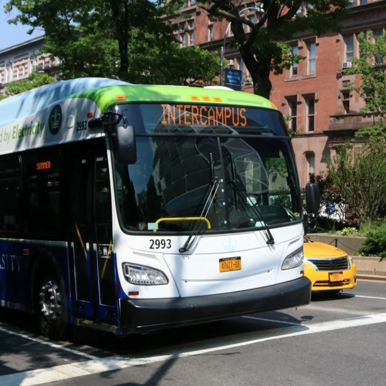 An electric Columbia shuttle on Broadway Avenue