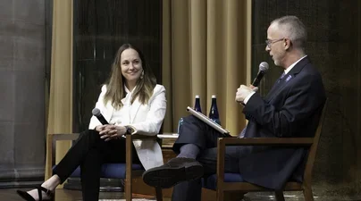2024 Teacher of the Year Logan Aimone interviews the 2025 winner, Julia Satterthwaite